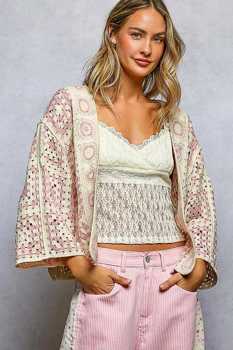 Sarah Express Women's Open Front Crochet Cardigan with Granny Square Pattern PINK MULTI One Size