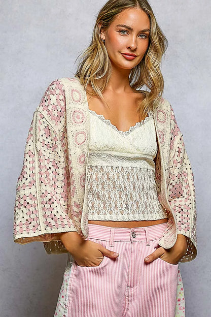 Sarah Express Women's Open Front Crochet Cardigan with Granny Square Pattern PINK MULTI One Size