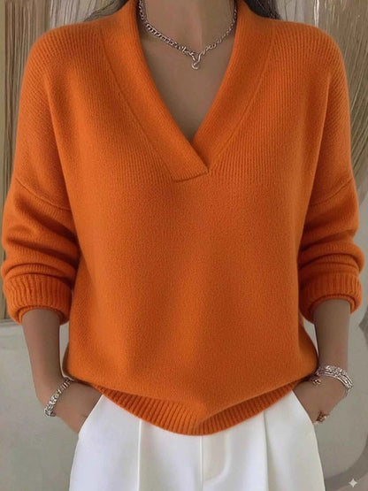Sarah Express Women's V-Neck Dropped Shoulder Sweater - Relaxed Fit Plus Size Pullover Orange Red