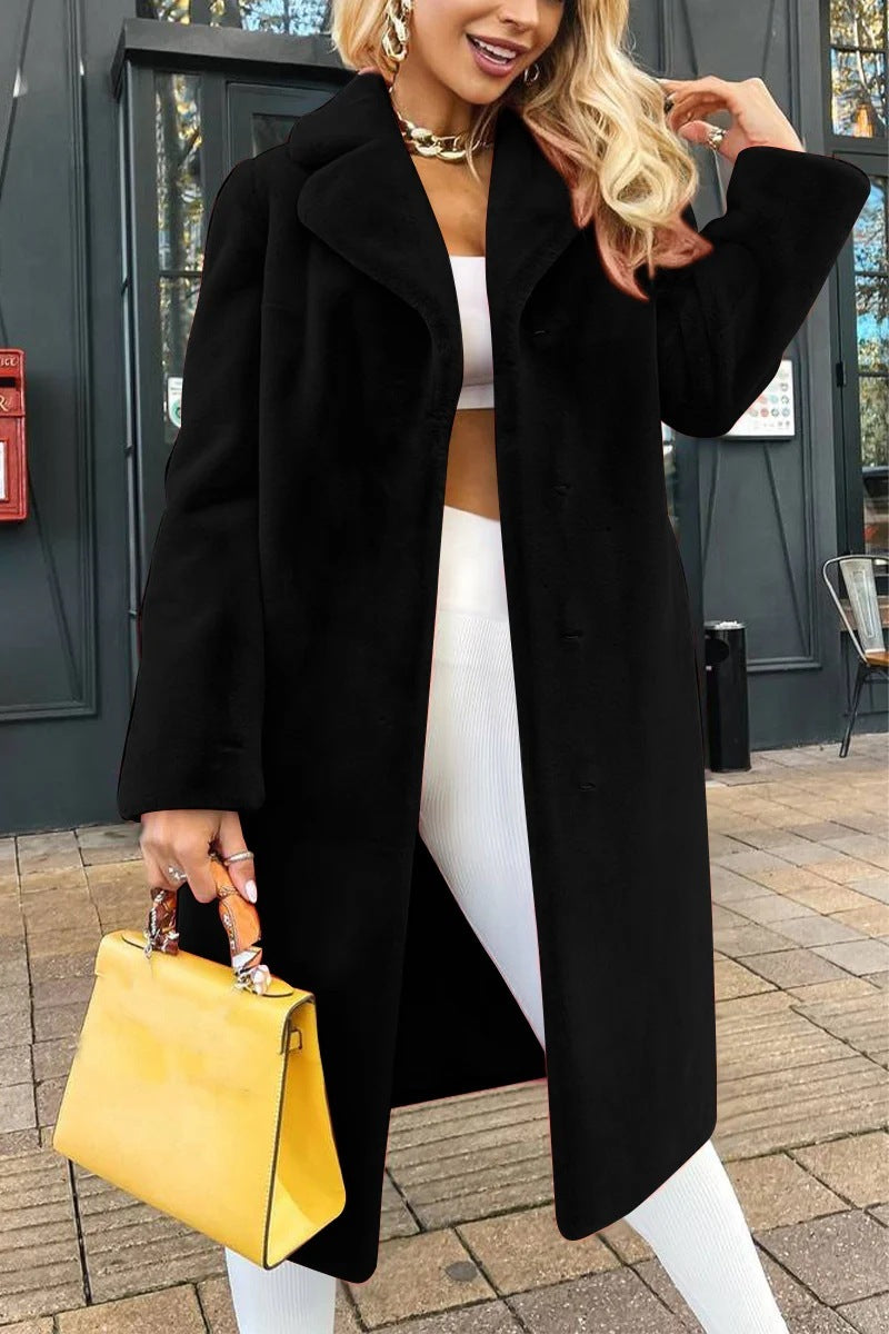 Sarah Express Lace-Up Plush Long Coat Turn-Down Collar Outerwear