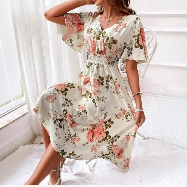 Sarah Express Women's Floral Print Smocked Waist Maxi Dress with Belt A-Line