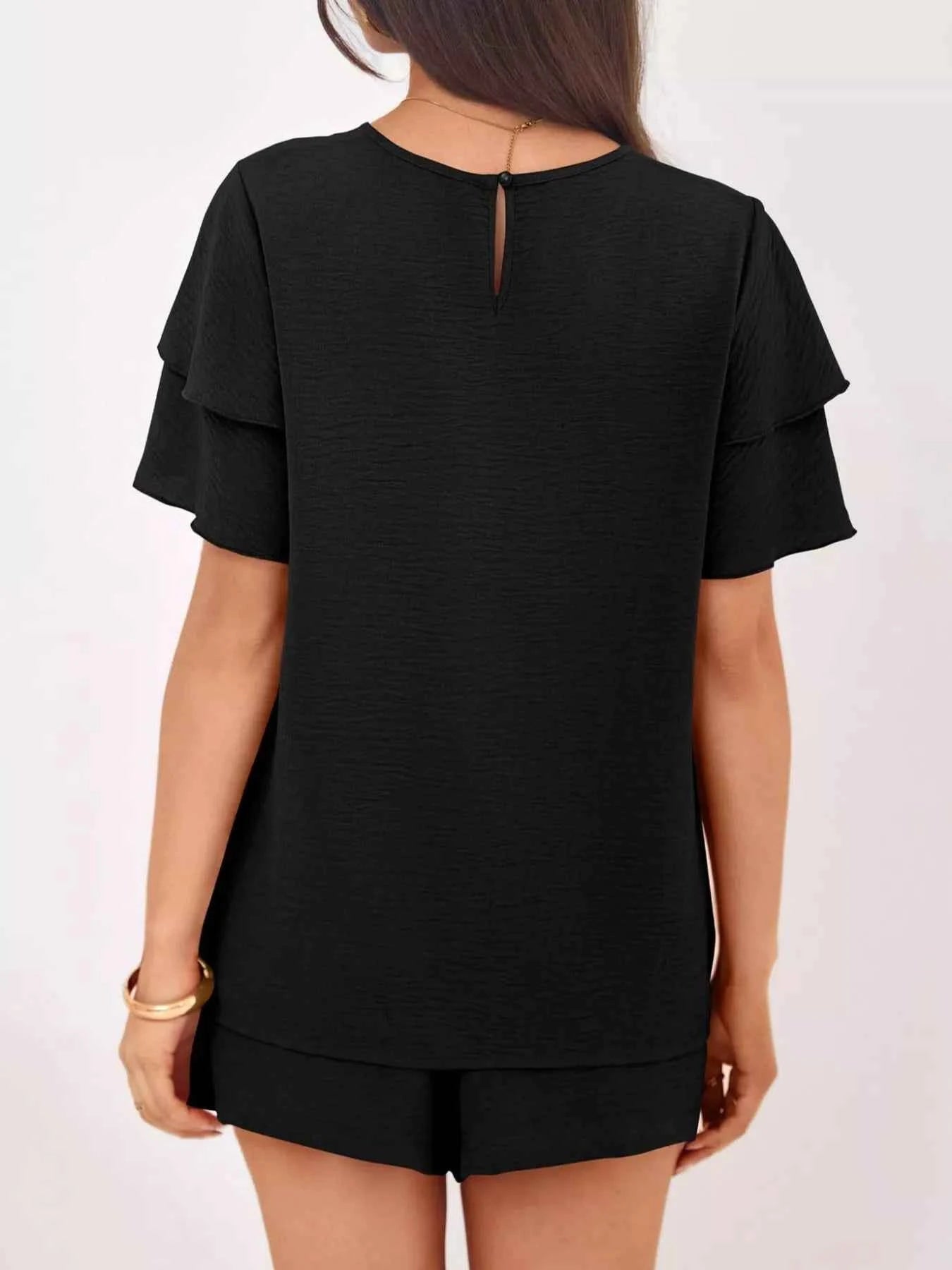 Sarah Express Women's Ruffle Sleeve Top and Shorts Two-Piece Set - Casual Summer Outfit