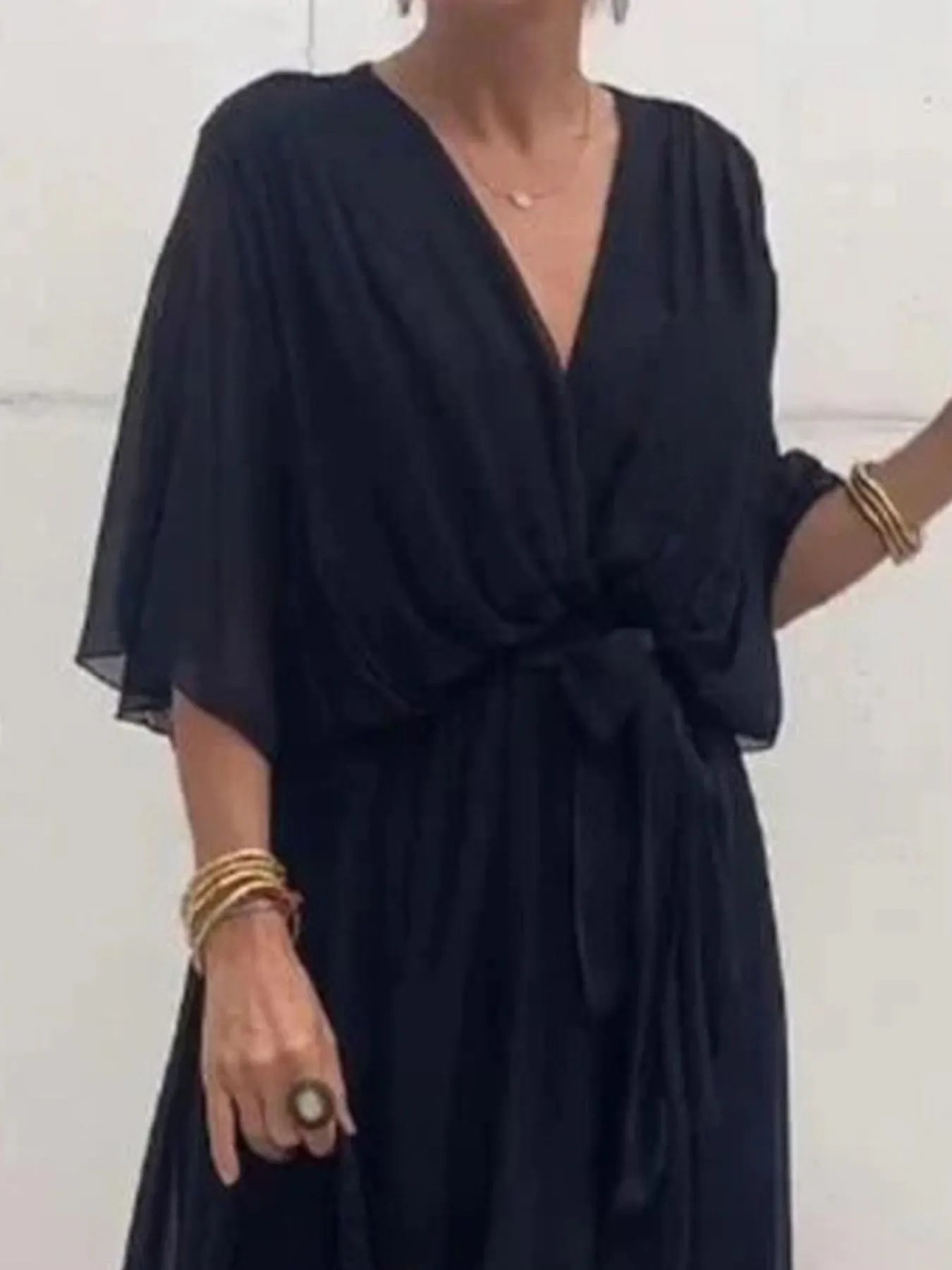 Sarah Express Women's Flowy Tie Front Midi Dress with Flutter Sleeves