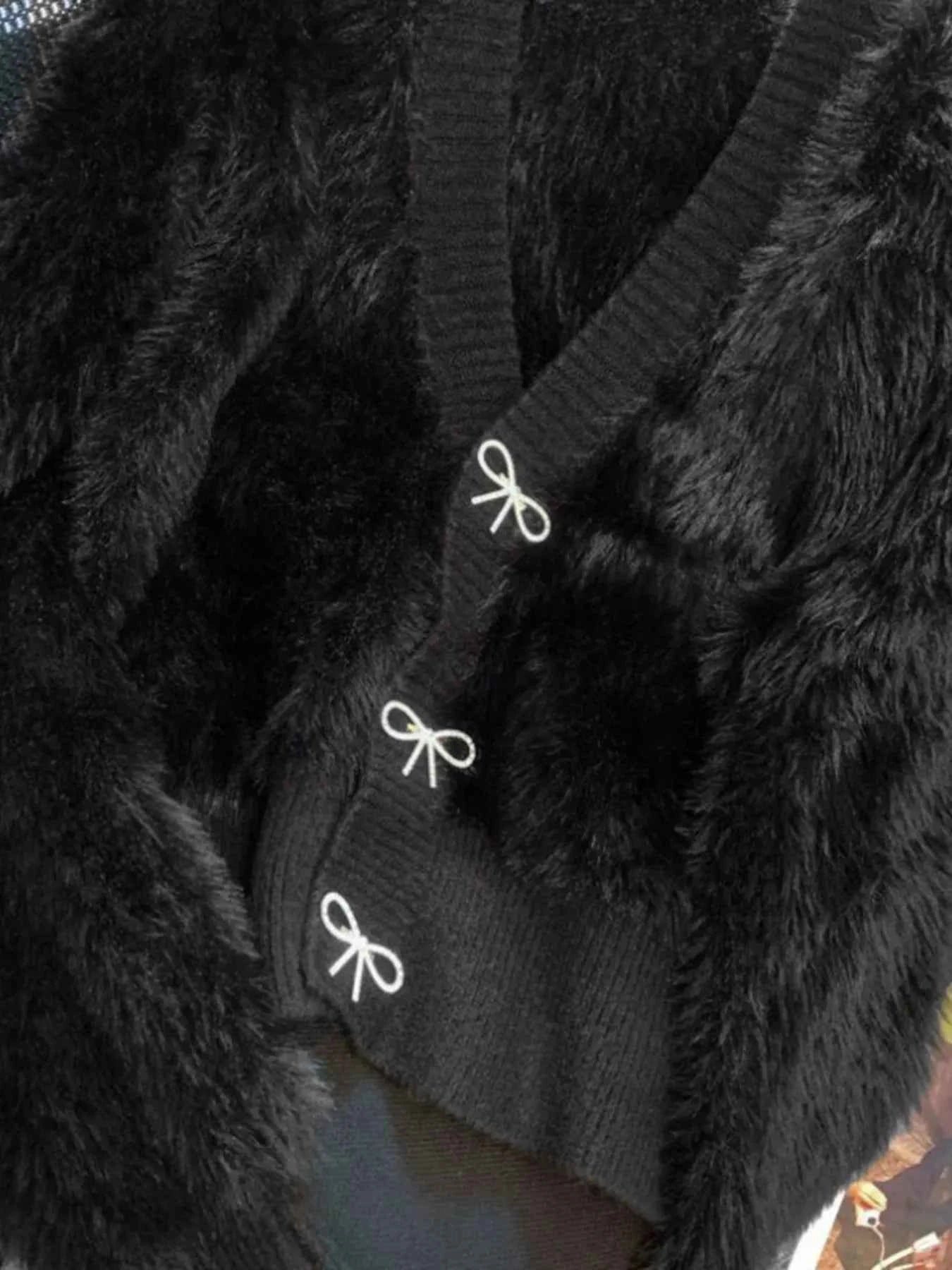 Sarah Express Women's Fuzzy Bow Button Up Cardigan - Cozy Knit Sweater