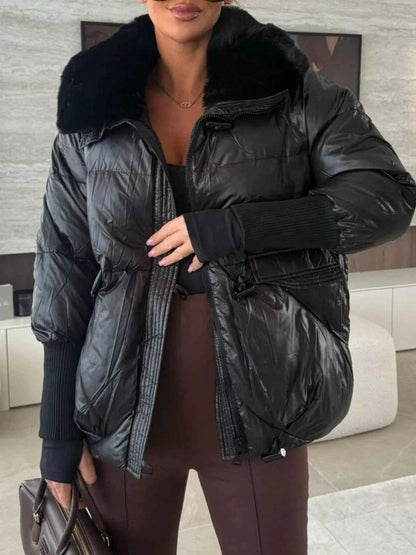 Sarah Express Women's Fur Collar Padded Puffer Jacket - Warm Winter Coat with Zipper Pockets Black