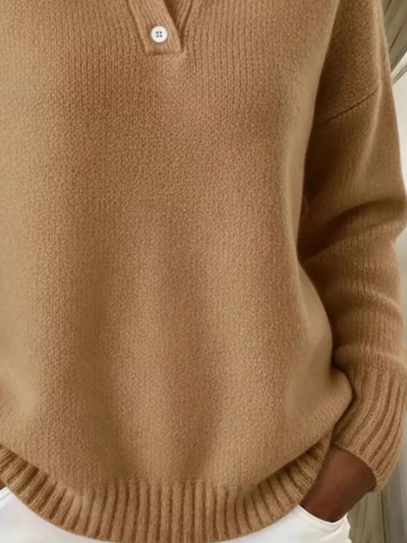 Sarah Express Women's Button Detail Drop Shoulder Sweater Plus Size Khaki