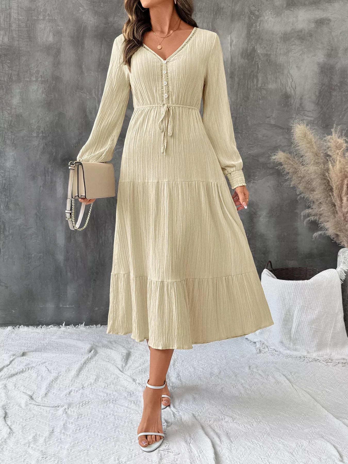 Sarah Express Women's Tiered V-Neck Long Sleeve Dress - Buttoned Midi Dress with Tie Detail Apricot