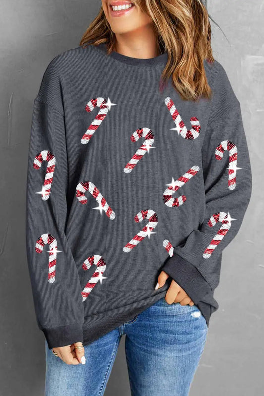 Sarah Express Women's Sequin Candy Cane Round Neck Sweatshirt Dark Gray
