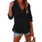 Sarah Express Women's V-Neck Hooded Shirt Long Sleeve Pockets Loose Fit