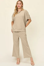 Sarah Express Women's Textured Short Sleeve Top and Pants Set - Two Piece Outfit Khaki