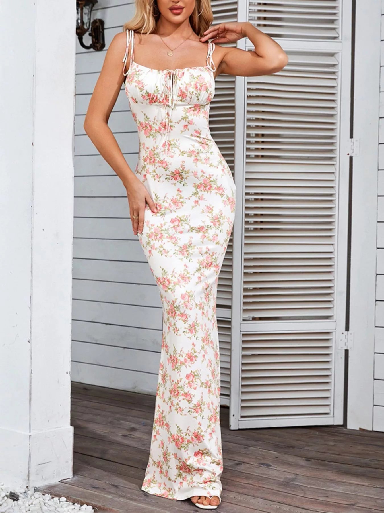 Sarah Express Women's Floral Print Tie Strap Bodycon Maxi Dress