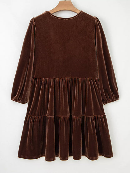 Sarah Express Women's Velvet V Neck Long Sleeve Tiered Mini Dress - Solid Color