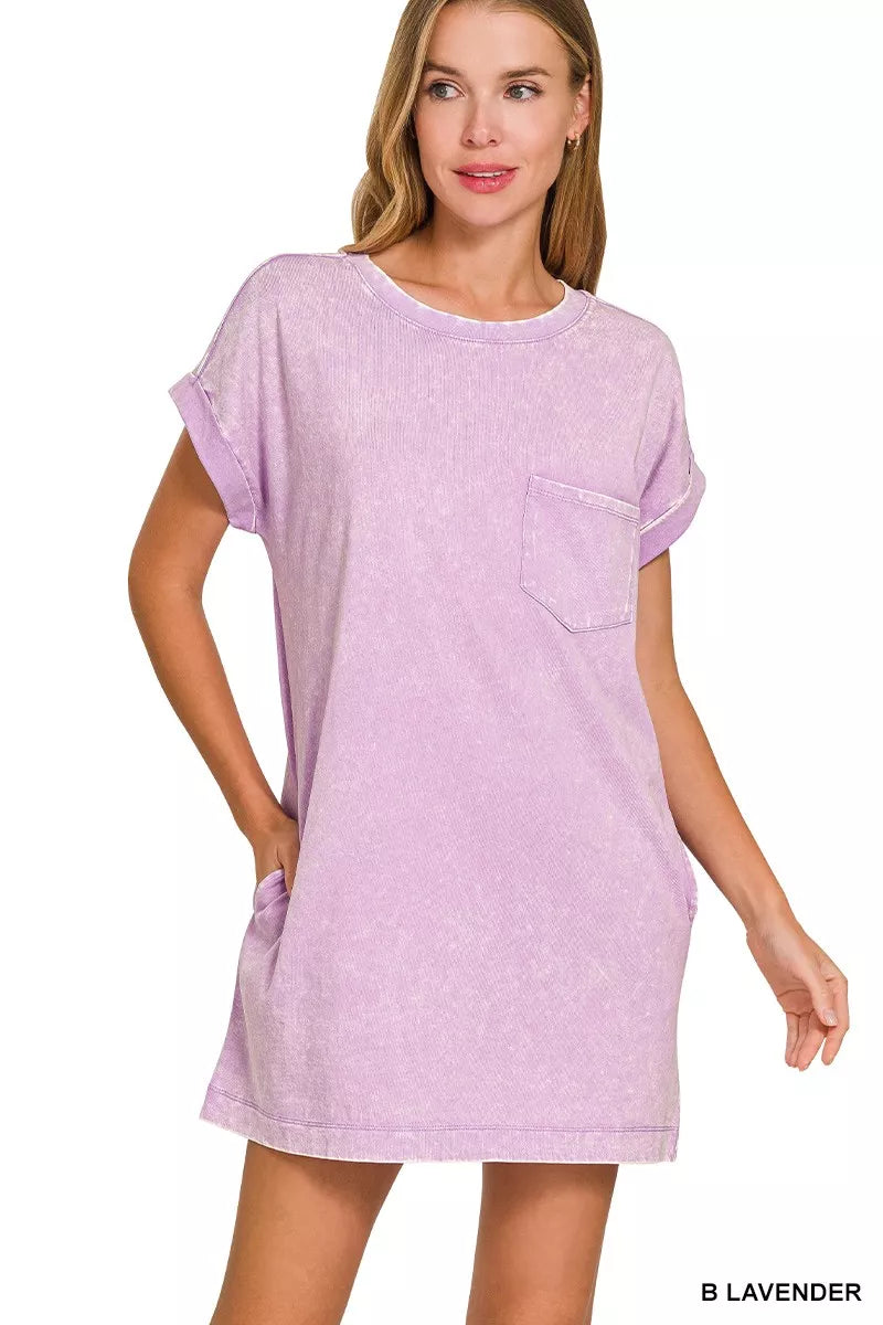 Sarah Express Women's Premium Cotton Washed T-Shirt Dress with Pockets B LAVENDER