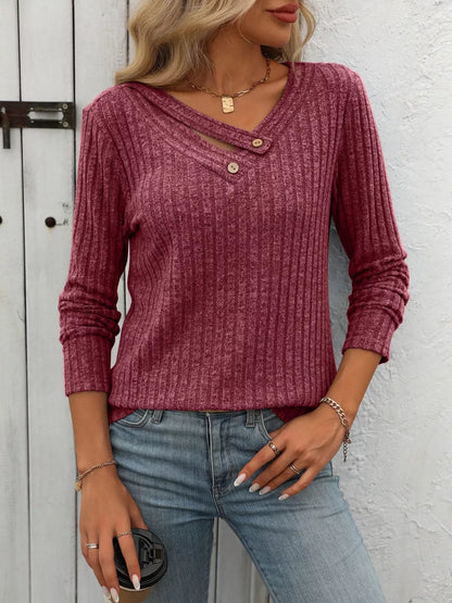 Sarah Express Women's Ribbed Knit Long Sleeve Button Detail T-Shirt Deep Purple