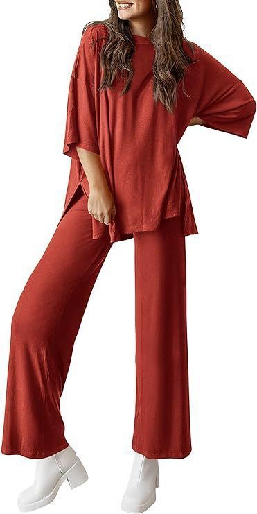 Sarah Express Two Piece Pullover Top Wide Leg Pants Set Polyester