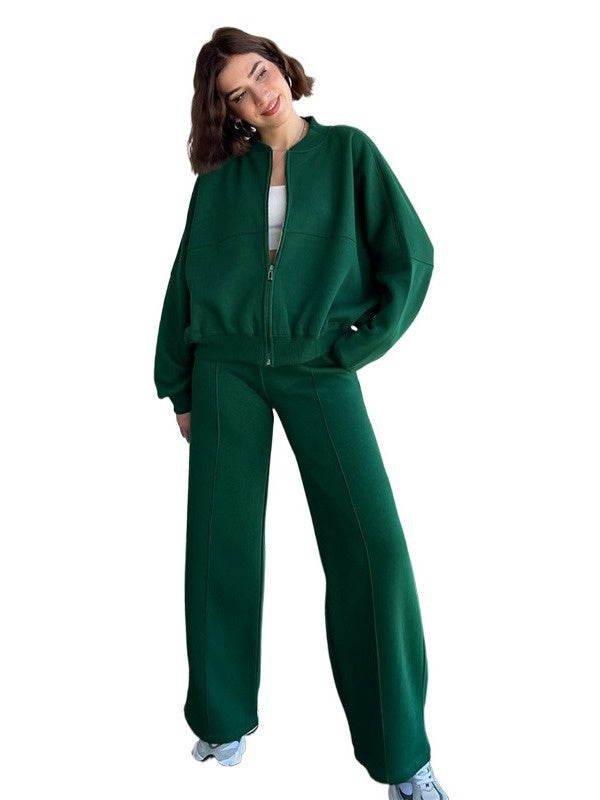 Sarah Express Women's Athleisure Tracksuit Set - Zipper Jacket & Wide Leg Pants Two Piece Outfit Dark green