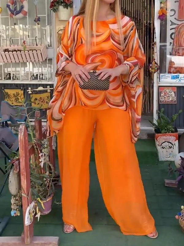 Sarah Express Printed Chiffon Two-Piece Set Round Neck 3/4 Sleeve Top Pants Suit