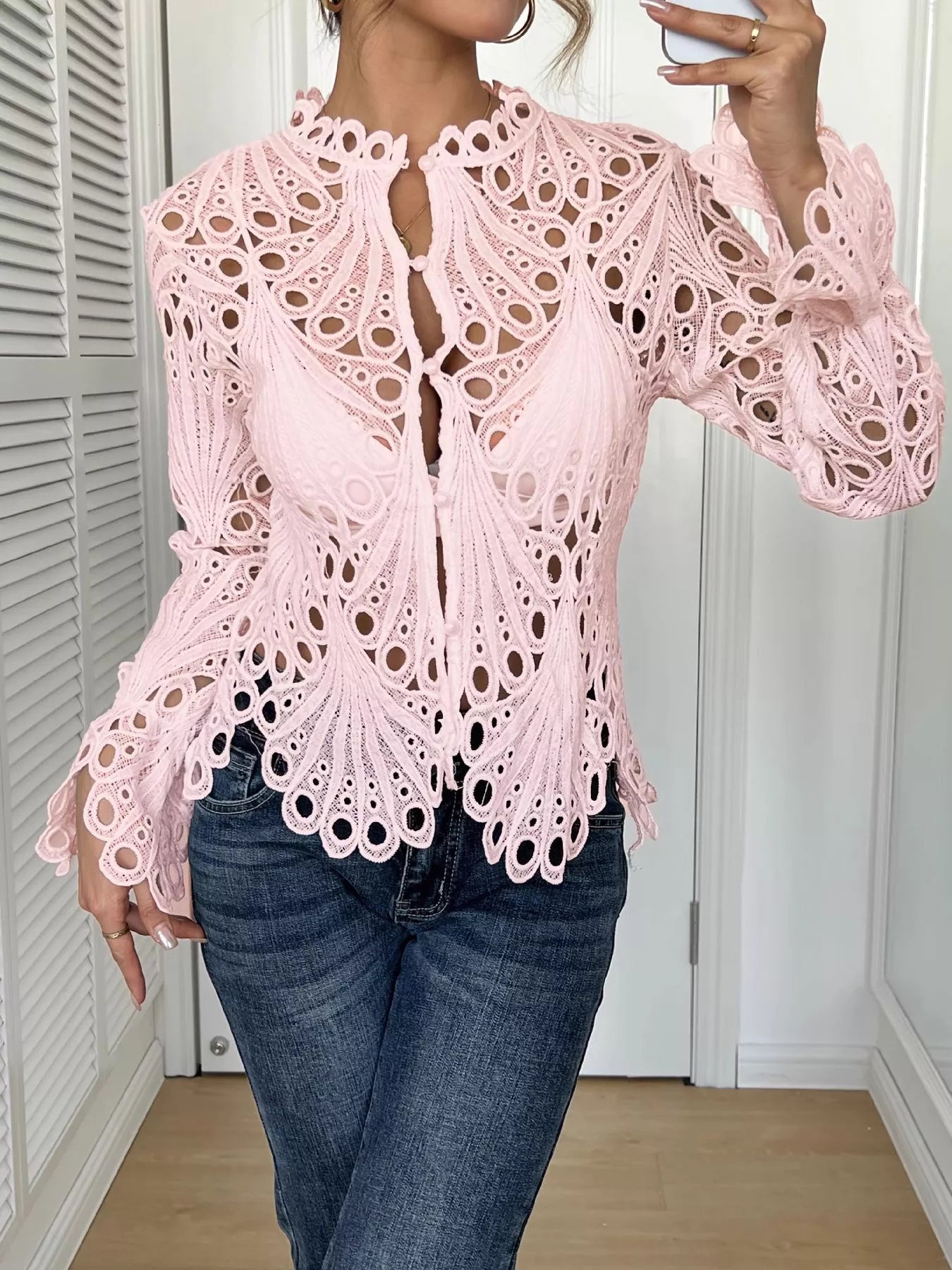 Sarah Express Women's Lace Button Up Long Sleeve Shirt - Elegant Openwork Blouse Pink