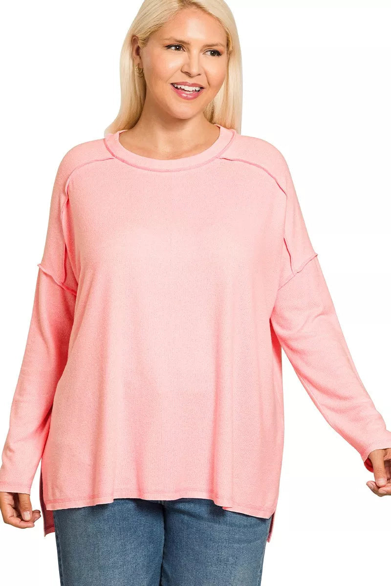 Sarah Express Women’s Plus Size Melange Hacci Tee with Exposed Seam Hi-Low Hem