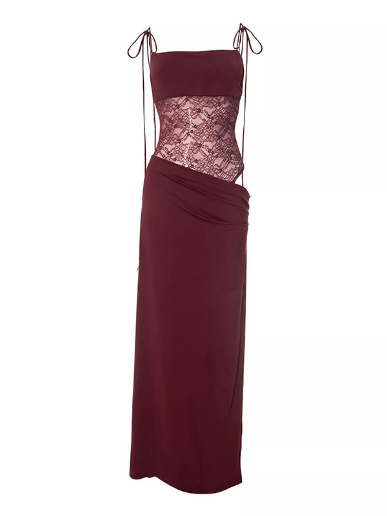 Sarah Express Women's Lace Cutout Tie Shoulder Maxi Dress Burgundy