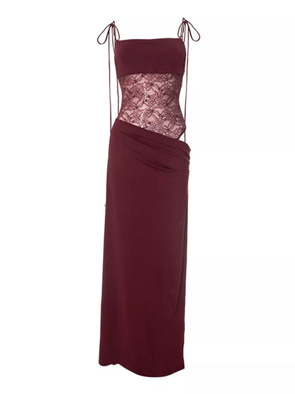 Sarah Express Women's Lace Cutout Tie Shoulder Maxi Dress Burgundy