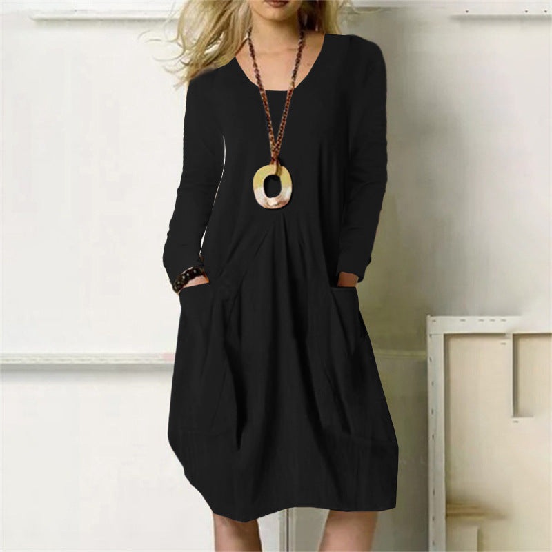 Sarah Express Women's Cotton Linen Pocket Dress Loose Fit Long Sleeve