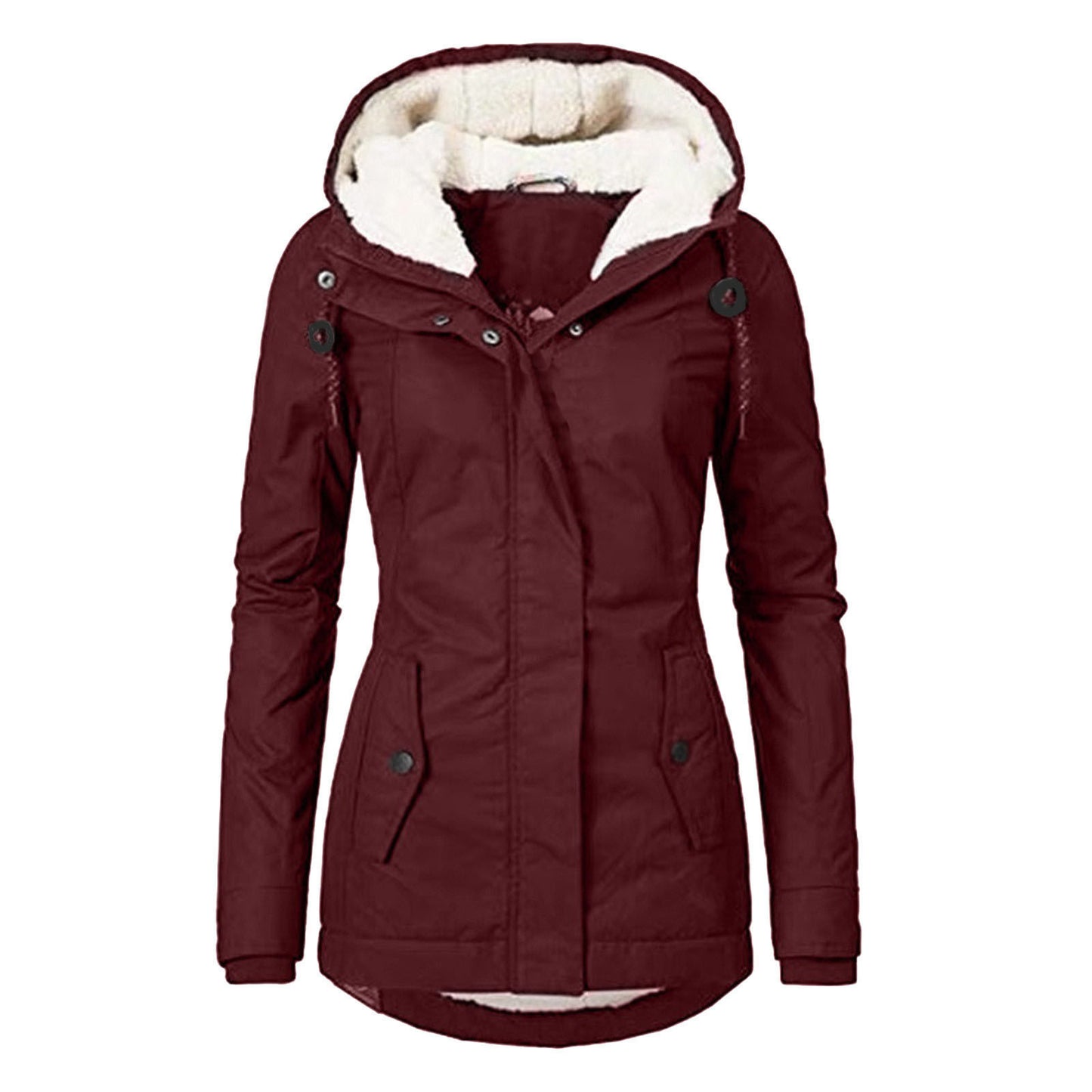 Sarah Express Women's Winter Hooded Fleece Jacket - Warm Buckle Zip-Up Coat with Pockets Wine Red Hat String Clip