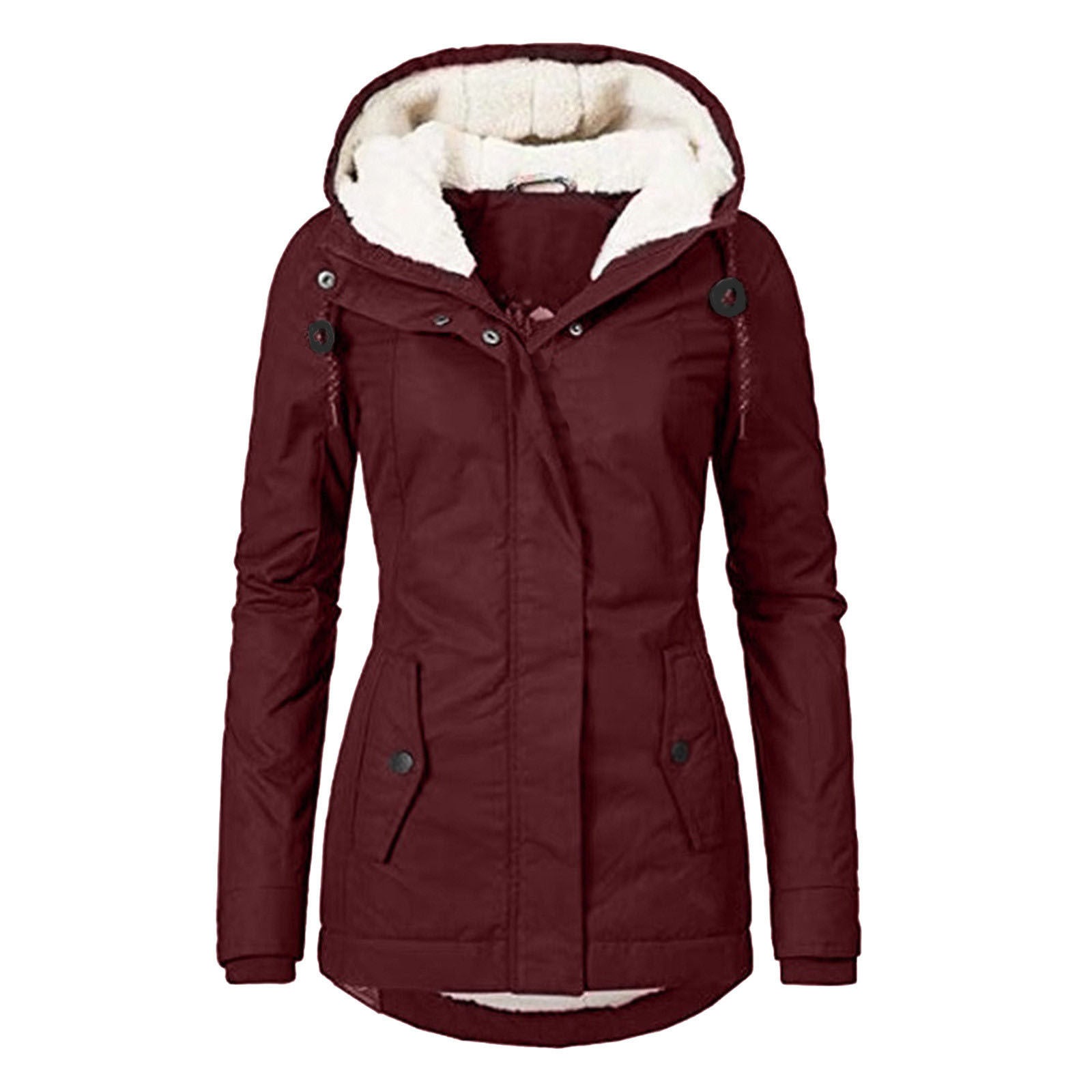 Sarah Express Women's Winter Hooded Fleece Jacket - Warm Buckle Zip-Up Coat with Pockets Wine Red Hat String Clip