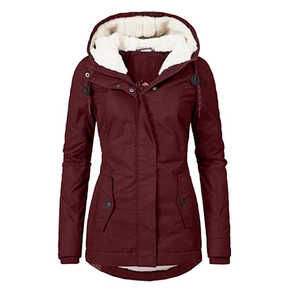 Sarah Express Women's Winter Hooded Fleece Jacket - Warm Buckle Zip-Up Coat with Pockets Wine Red Hat String Clip