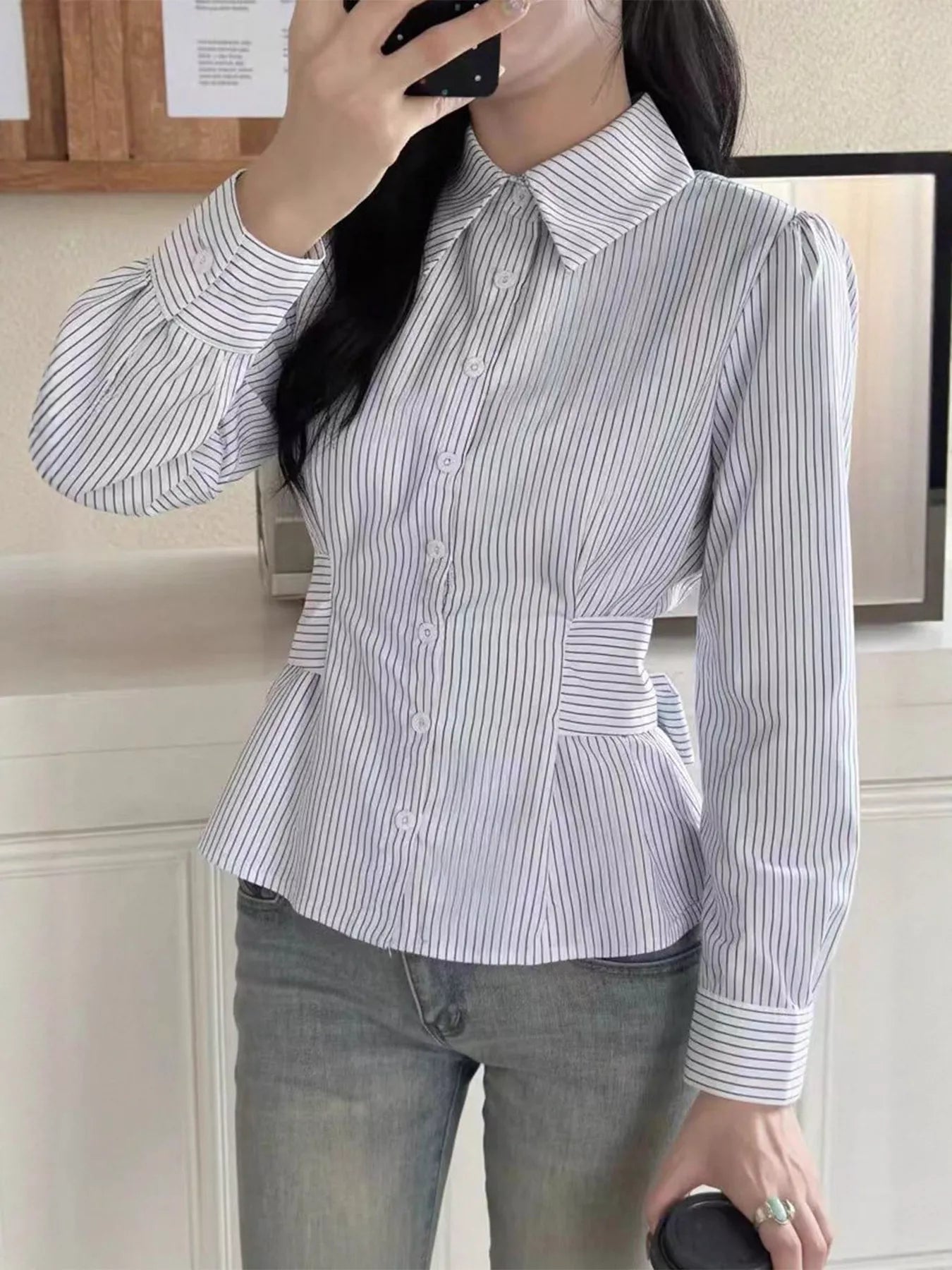 Sarah Express Women's Striped Peplum Button Up Shirt - Long Sleeve Blouse