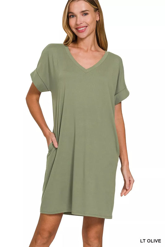 Sarah Express Women's Brushed DTY V-Neck Dress - Soft Rolled Sleeve Casual Dress ASH JADE