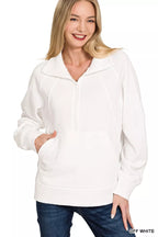 Sarah Express Women's Half Zip Fleece Sweatshirt with Kangaroo Pocket OFF WHITE