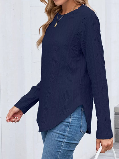 Sarah Express Women's Diamond Pattern Openwork Knit Long Sleeve Top