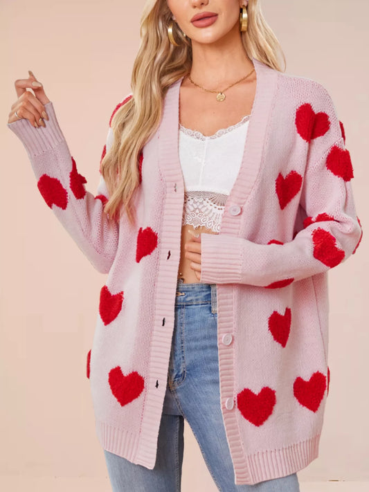 Sarah Express Women's Heart Pattern Knit Button-Up Cardigan Pink