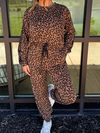 Sarah Express Women's Striped Trim Leopard Long Sleeve Top Drawstring Pant Set Brown