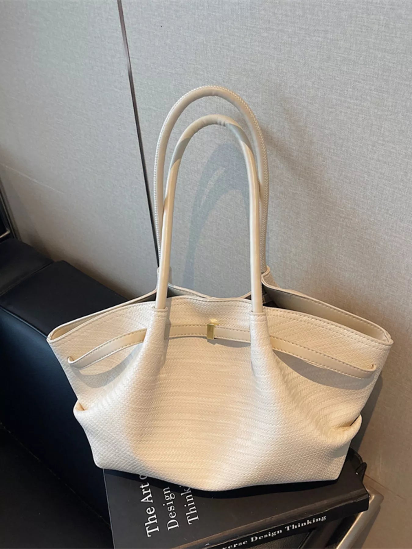 Sarah Express Women's Textured Tote Bag - Large PU Leather Shoulder Bag Off-white ONESIZE