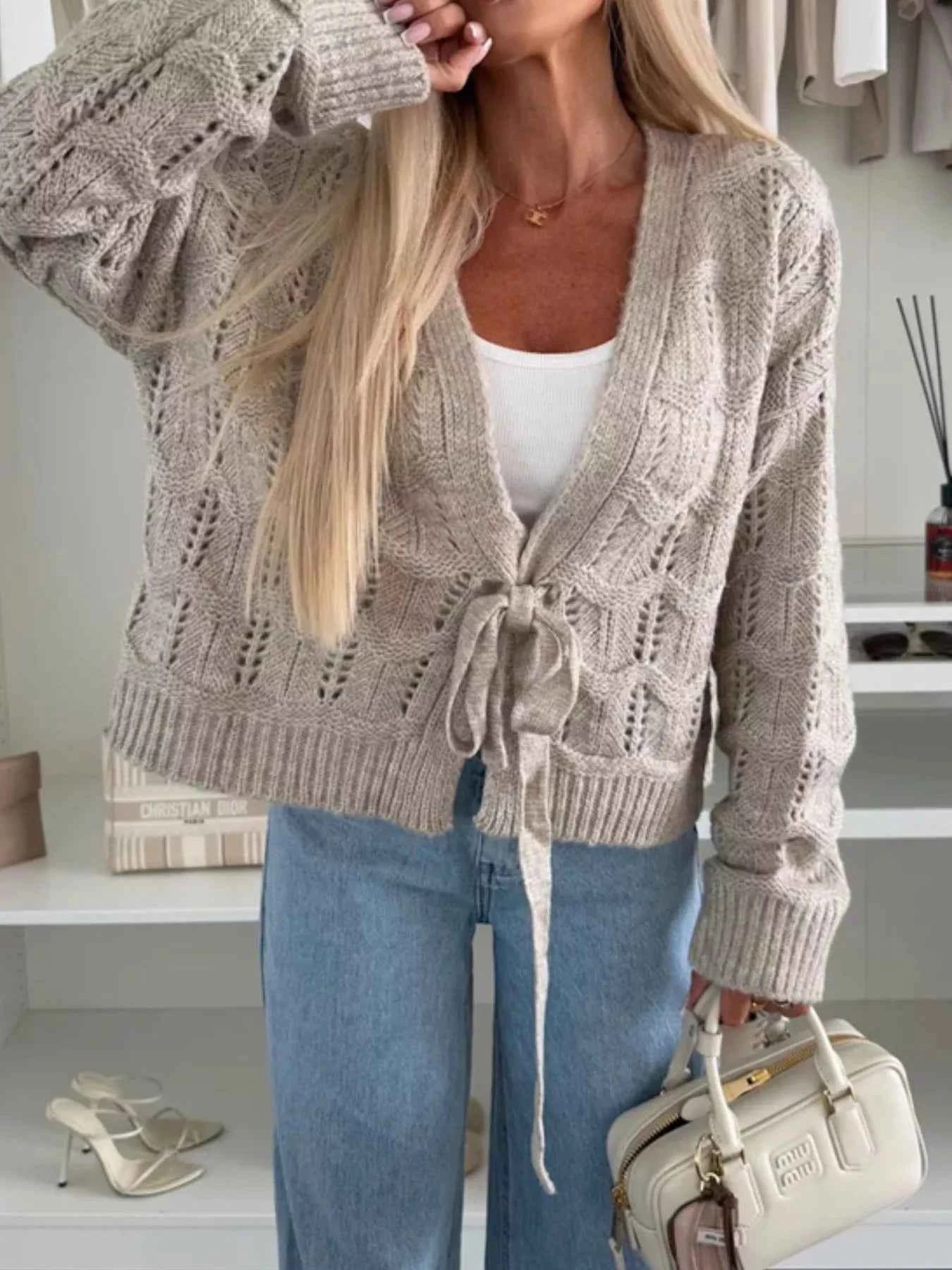 Sarah Express Women's Tie-Front Openwork Cardigan - Lightweight Knit Sweater