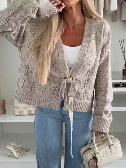 Sarah Express Women's Tie-Front Openwork Cardigan - Lightweight Knit Sweater