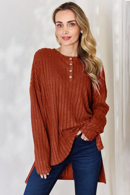 Sarah Express Women's Ribbed Half Button Long Sleeve High-Low T-Shirt Rust