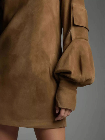 Sarah Express Women's Turtleneck Lantern Sleeve Mini Dress with Pockets