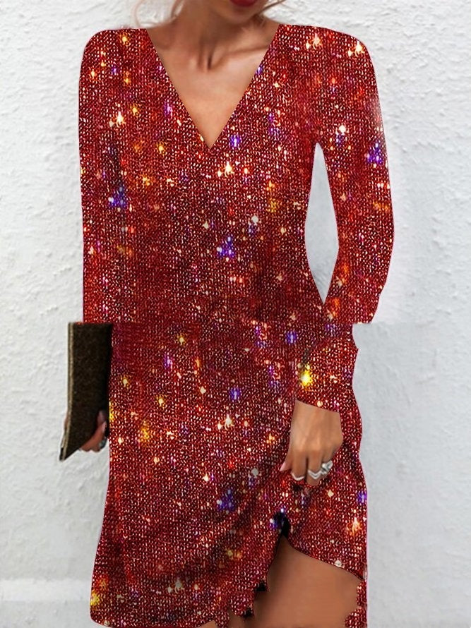 Sarah Express Women's Sequined V-Neck Mini Dress Long Sleeve Elegant Party Cocktail