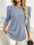 Sarah Express Women's Round Neck Puff Sleeve T-Shirt - Ribbed Casual Top with Pockets