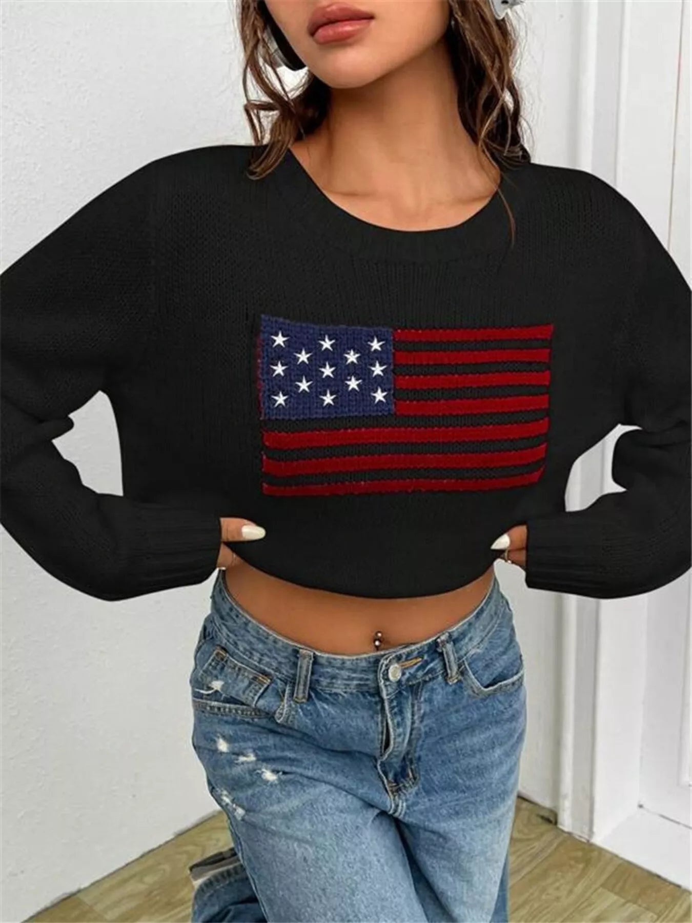 Sarah Express Women's US Flag Round Neck Long Sleeve Sweater