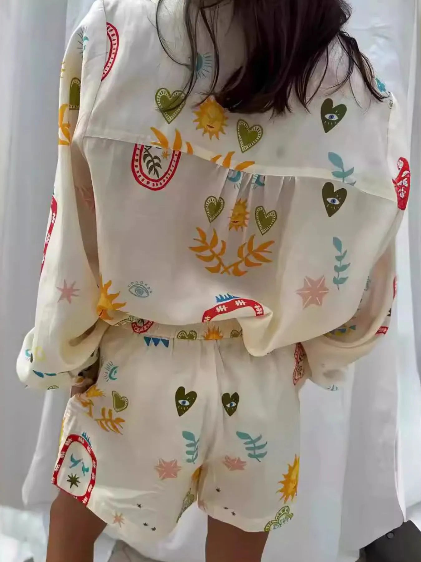 Sarah Express Women's Printed Long Sleeve Shirt and Shorts Set