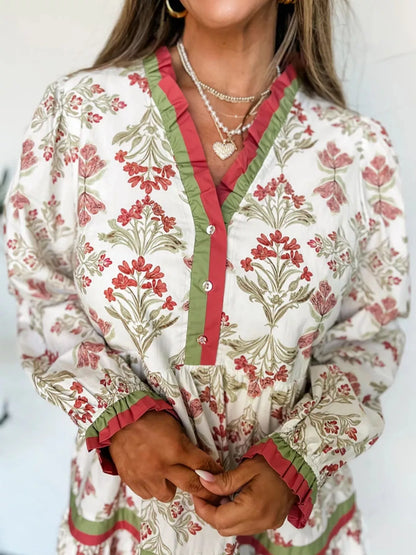 Sarah Express Women's Floral Print Long Sleeve Flared Dress with Frilled Neck - Vintage Inspired Midi Dress