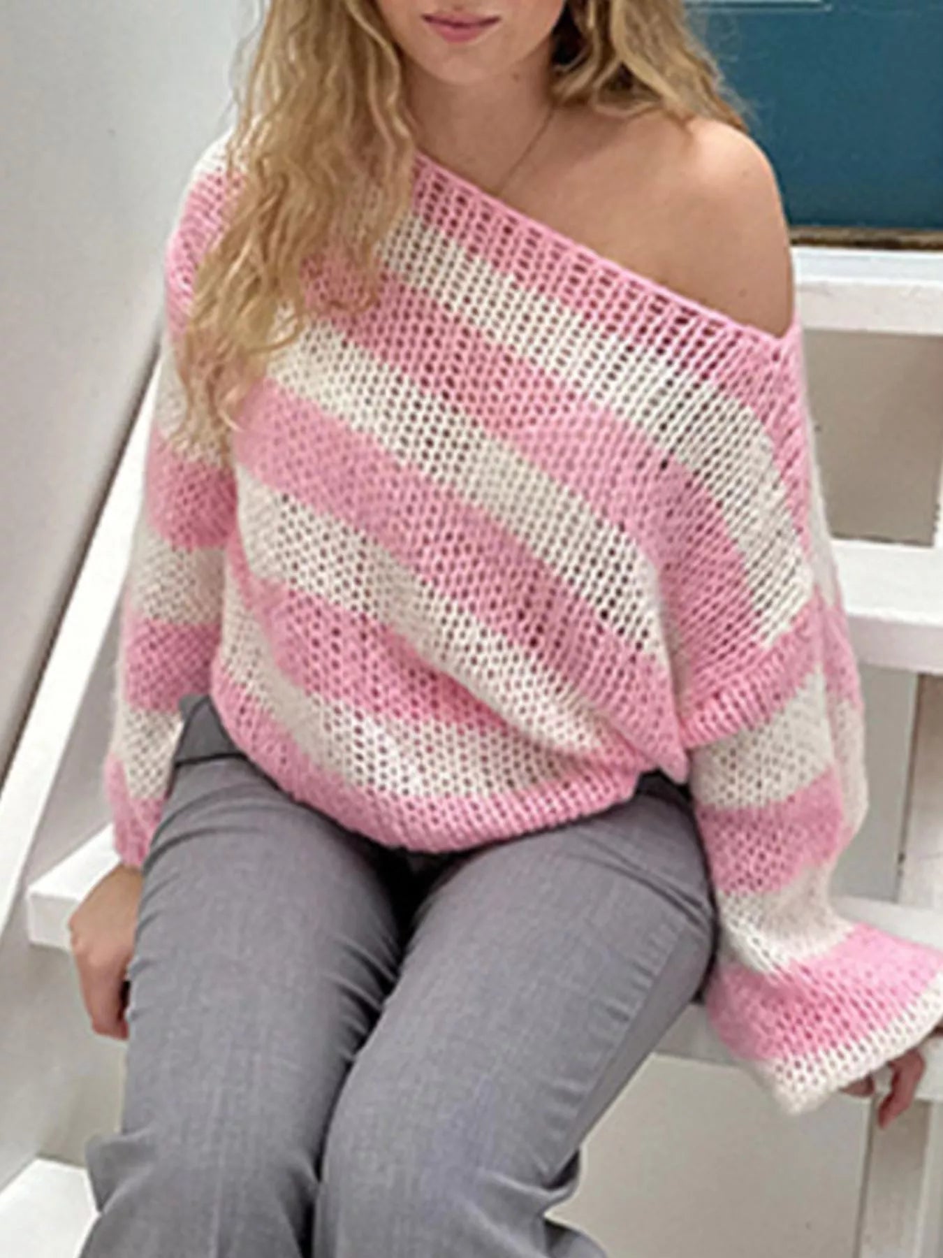 Sarah Express Women's Striped Knit Long Sleeve Sweater Pink