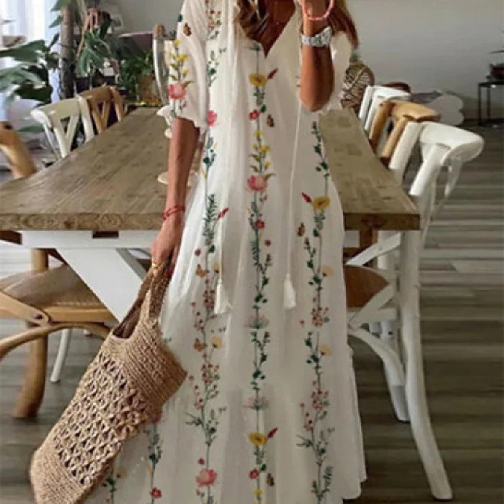 Sarah Express Women's Floral Print V-Neck Maxi Dress Short Sleeve A-Line Pullover