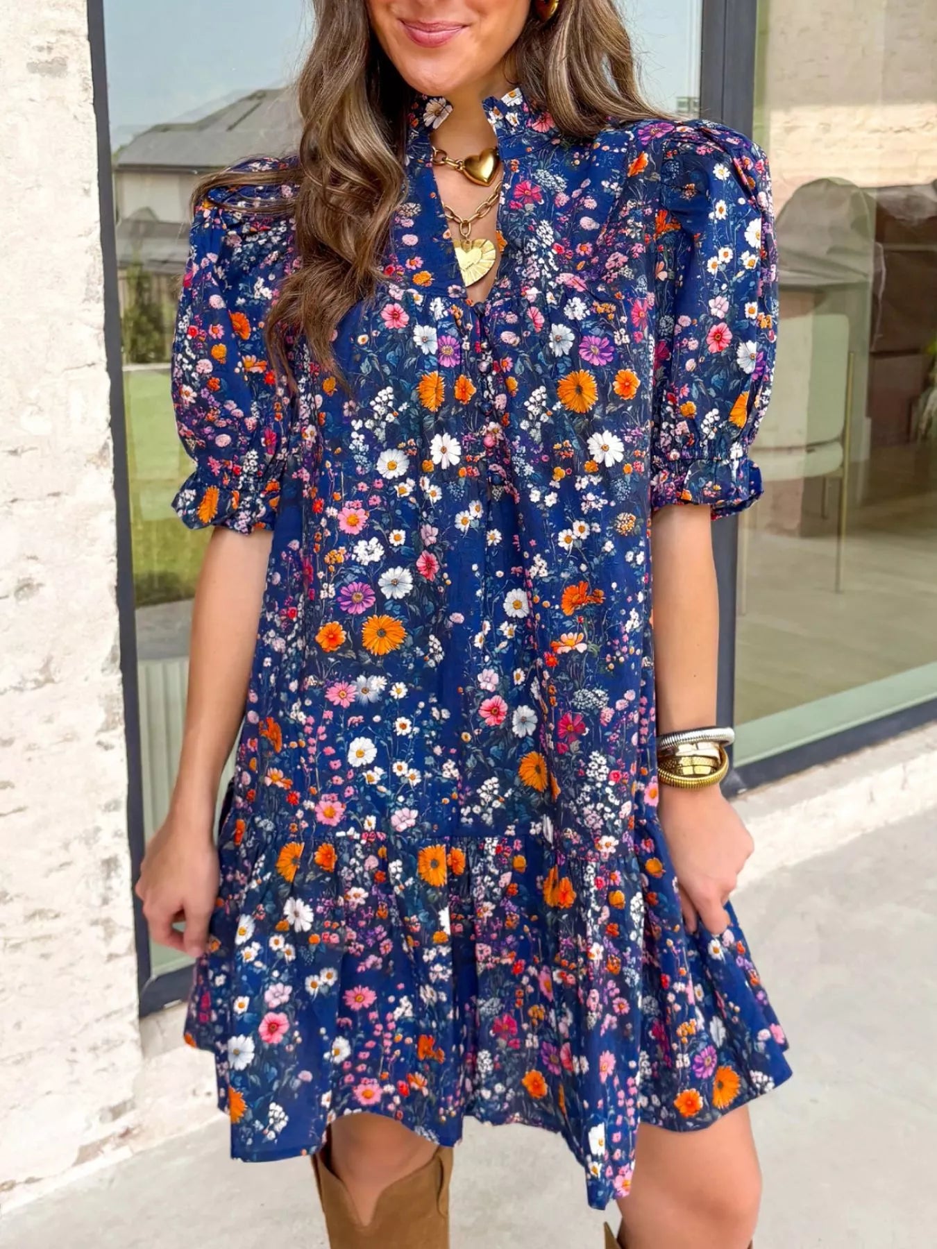 Sarah Express Women's Floral Print Ruffle Hem Mini Dress Short Sleeve Cotton Blend Summer Dress Navy