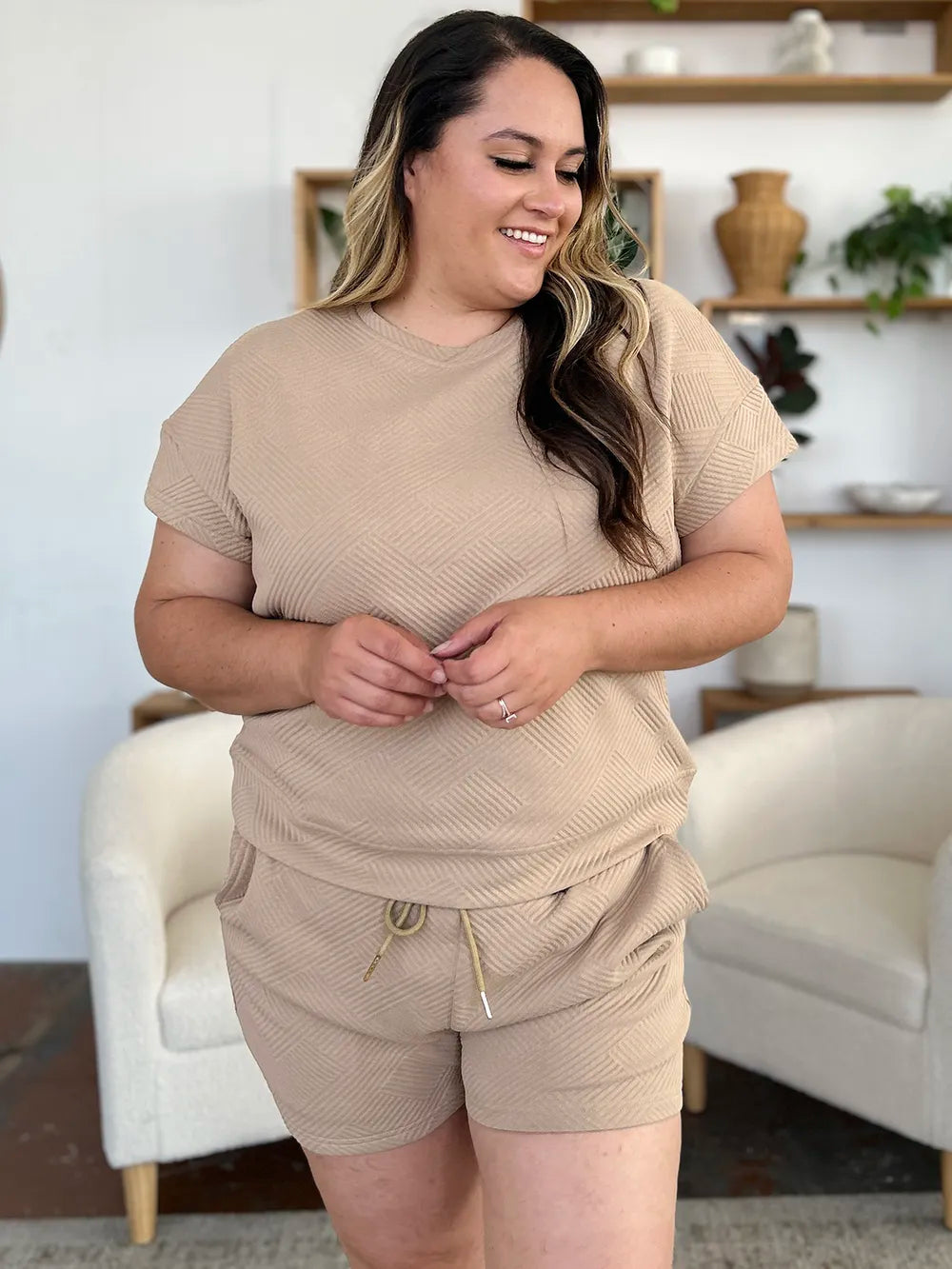 Sarah Express Women's Textured Short Sleeve T-Shirt and Drawstring Shorts Set