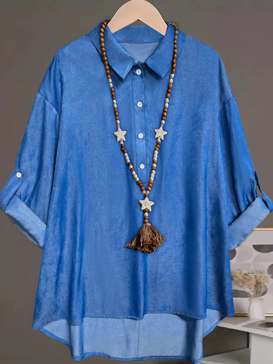 Sarah Express Women's Plus Size Collared Neck Half Button Blouse Blue